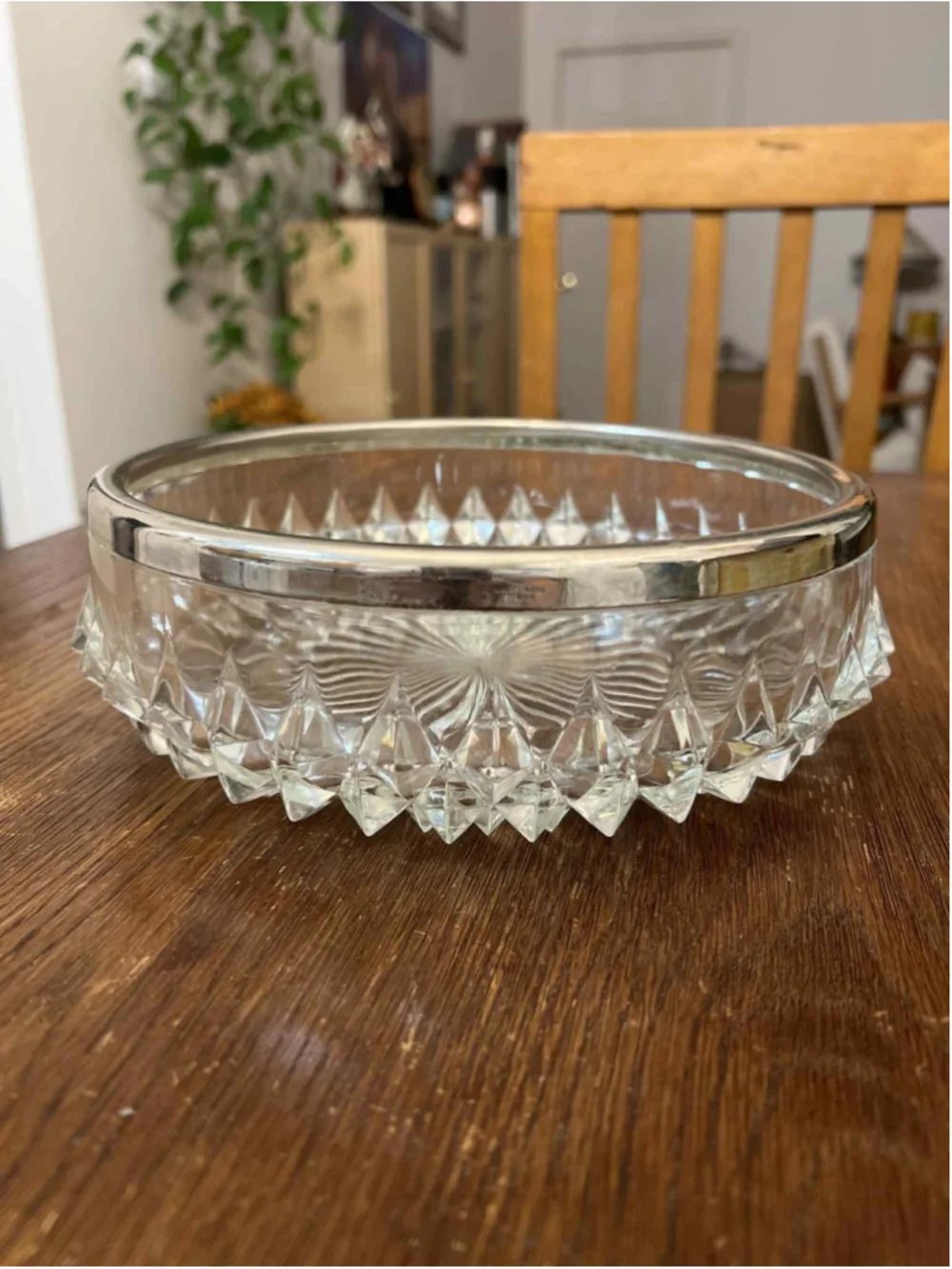 Vintage English Pressed Glass Bowl 9” Silver Plated Rim Heavy Cut Starburst Euc*